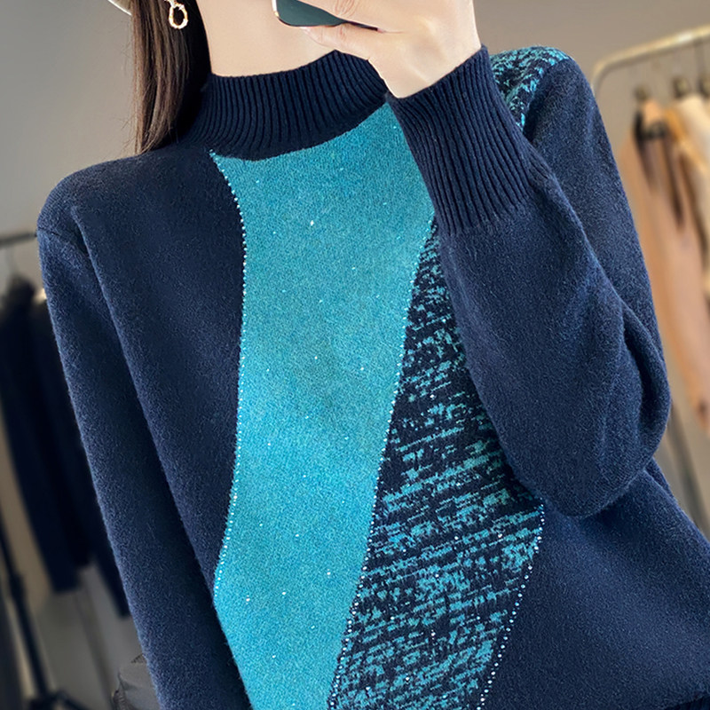 撤标撤柜(A)半高领时尚拼接打底衫女内搭特大码女装秋冬针织毛衣,女装/女士精品,毛针织衫,淘宝优惠券,粉丝福利购,淘宝优惠卷