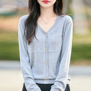 撤标撤柜(A)灰色V领针织开衫外套女春秋外搭洋气大码女装上衣