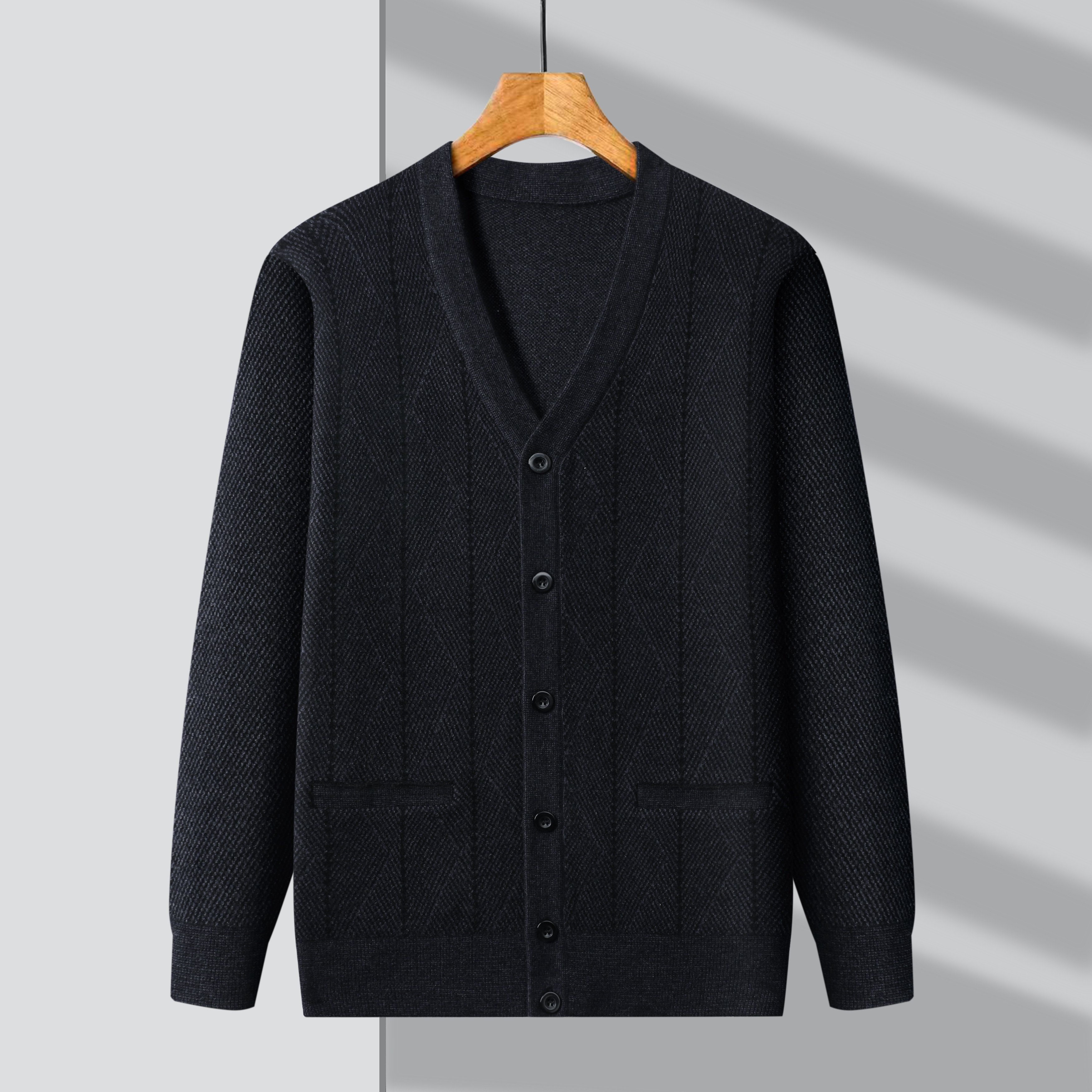 撤标撤柜(C)秋冬男士质感百搭纹理提花双口袋设计V领针织开衫