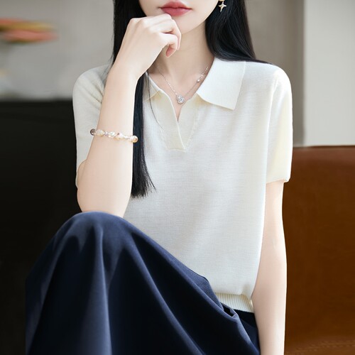 撤标撤柜（A）2026新款V领纯色针织短袖t恤女夏季薄款冰丝针织衫