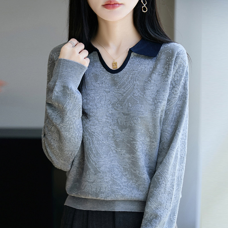 撤标撤柜(A)翻领提花针织打底衫春秋款洋气上衣大码女装秋冬毛衣