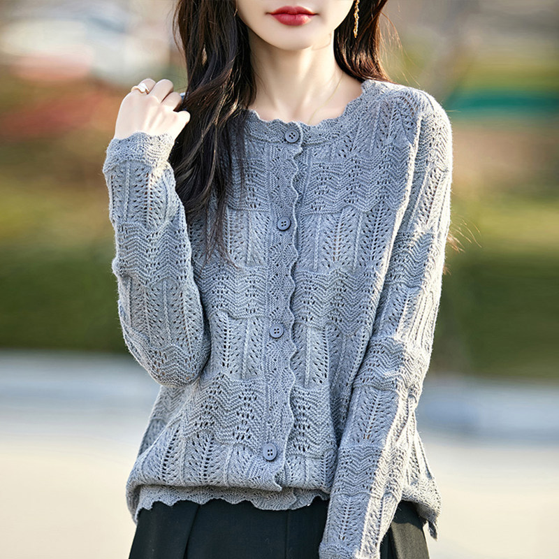 撤标撤柜(A)镂空针织开衫外套女春秋款显瘦外穿大码女装秋冬毛衣