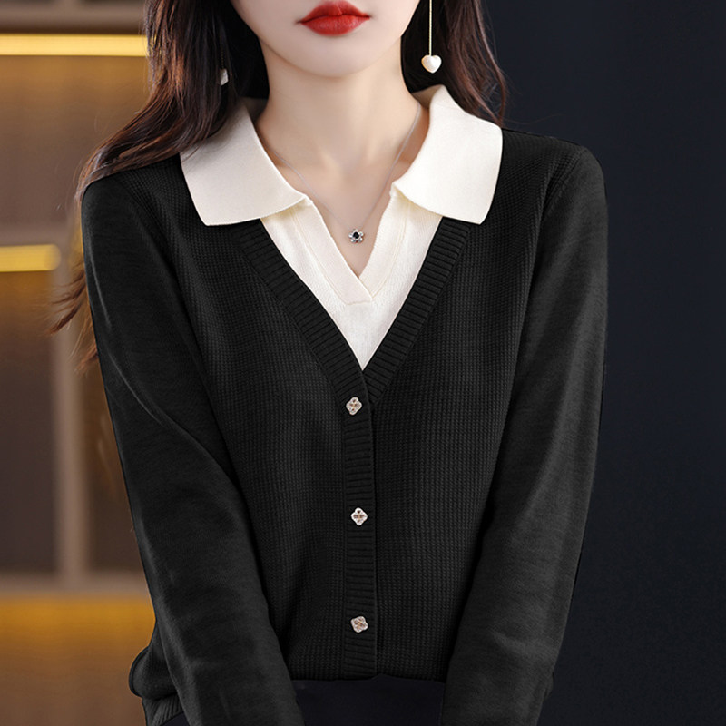 撤标撤柜(A)假两件翻领针织打底衫女春秋款内搭洋气女装秋冬毛衣