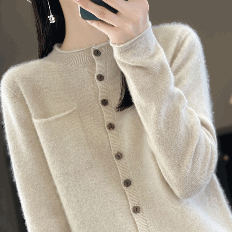 撤标撤柜(A)卷边圆领外套女春秋款大码女装秋冬带兜针织开衫毛衣