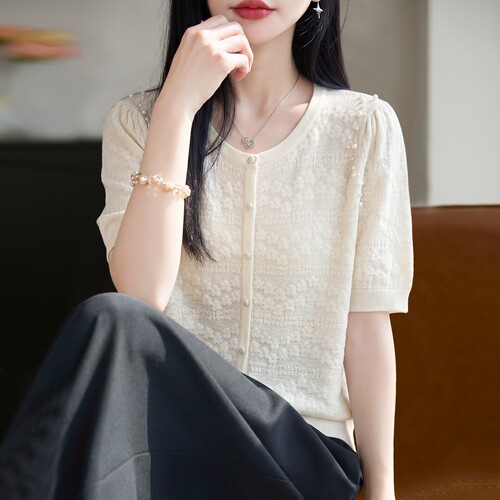 撤标撤柜（A）2026新款提花钉珠针织短袖t恤女夏季薄款冰丝针织衫