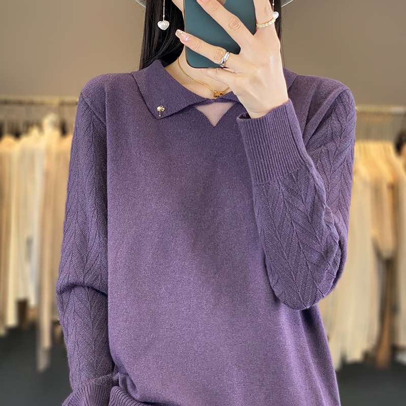 撤标撤柜(A)娃娃领针织打底衫春秋时尚洋气上衣内搭大码紫色毛衣