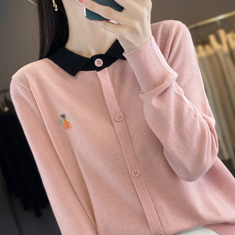 撤标撤柜(A)打底衫春秋款洋气绣花翻领针织上衣大码女装秋冬毛衣