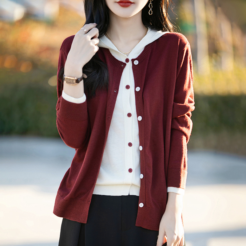 撤标撤柜(A)宽松连帽假两件开衫外套春秋款上衣大码外搭针织毛衣