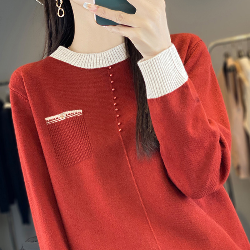 撤标撤柜(A)打底衫女洋气拼接钉珠假口袋内搭特大码秋冬针织毛衣,女装/女士精品,毛针织衫,淘宝优惠券,粉丝福利购,淘宝优惠卷