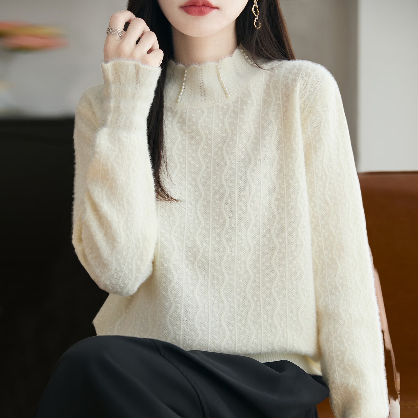 撤标撤柜(A)半高领提花针织打底衫女洋气大码女装上衣秋冬毛衣