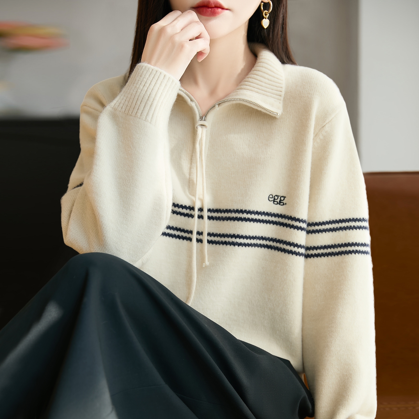 撤标撤柜！拉链半开领刺绣针织打底衫女洋气女装上衣秋冬毛衣