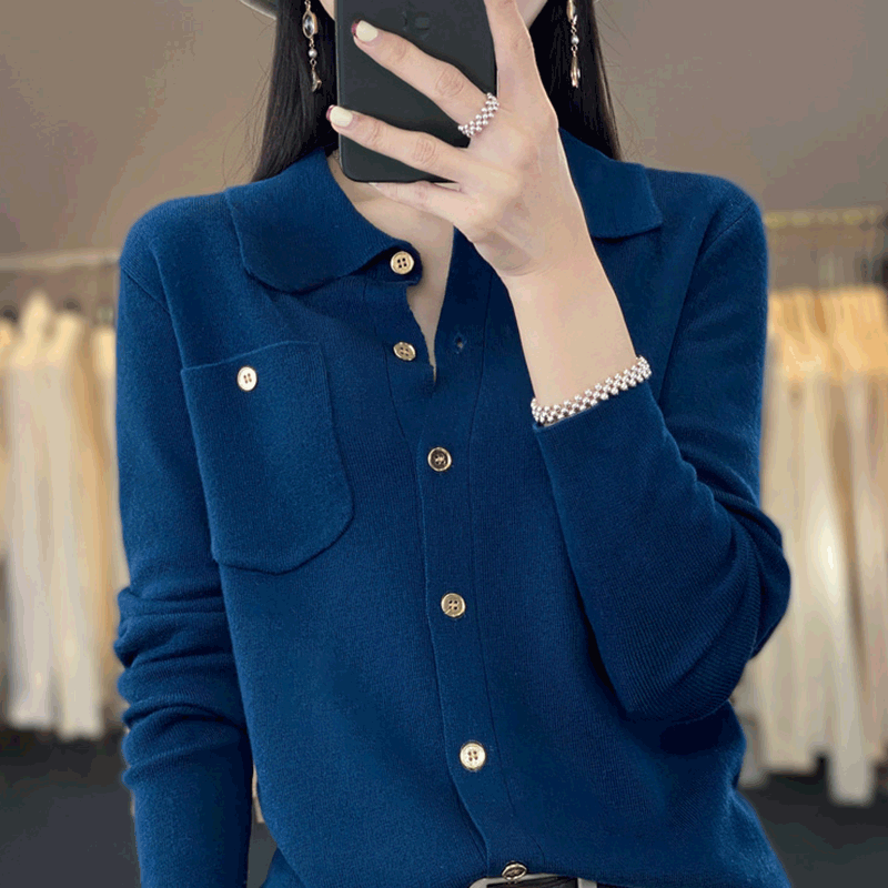 撤标撤柜(A)女春秋款POLO领带兜款宽松大码女装秋冬针织开衫毛