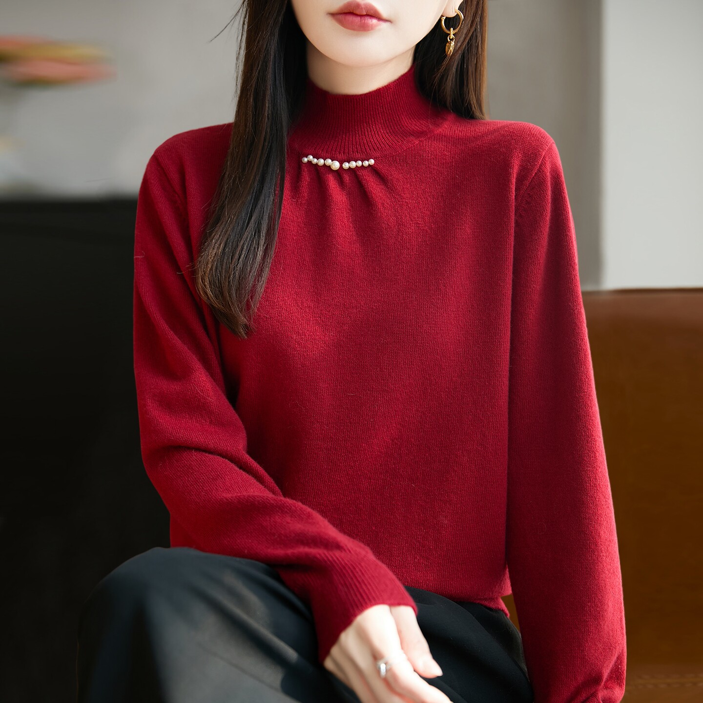 撤标撤柜(A)时尚减龄高领钉珠针织打底衫女洋气女装上衣秋冬毛衣