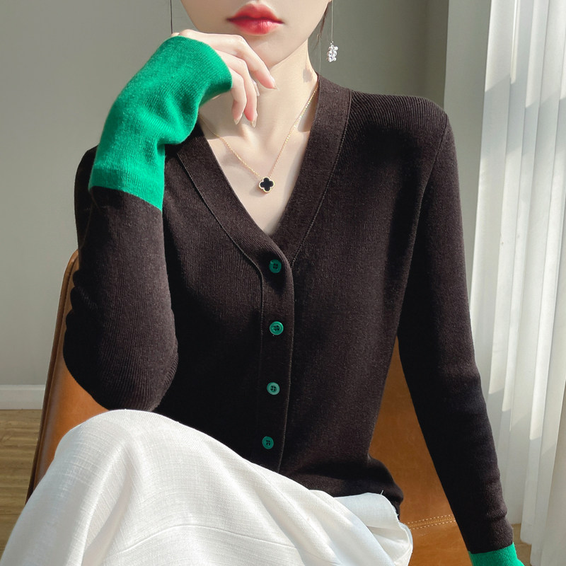 撤标撤柜(A)外套春秋女时尚V领袖子拼色大码女装秋冬针织开衫毛衣