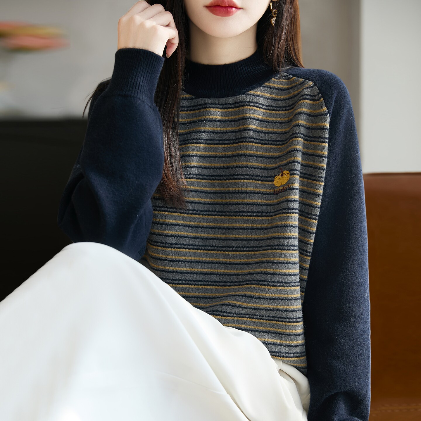 撤标撤柜（A）拼接撞色南瓜条纹织打底衫女新款洋气上衣秋冬毛衣