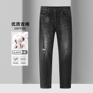 外贸品牌撤柜春秋新款时尚微弹舒适百搭破洞设计感修身牛仔裤男潮