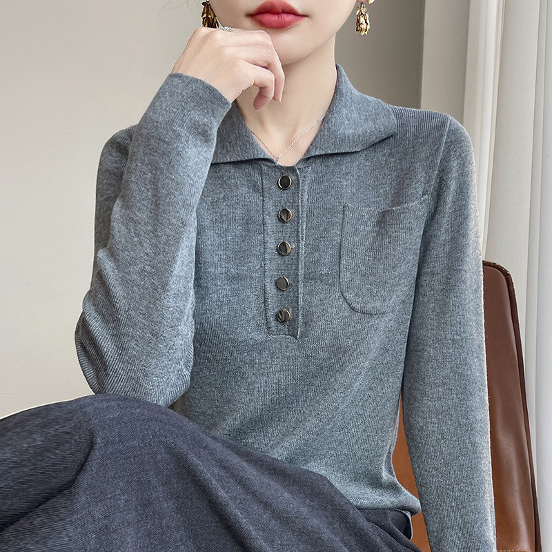 撤柜撤标(A)翻领带兜针织打底衫女春秋洋气上衣大码女装秋冬毛衣