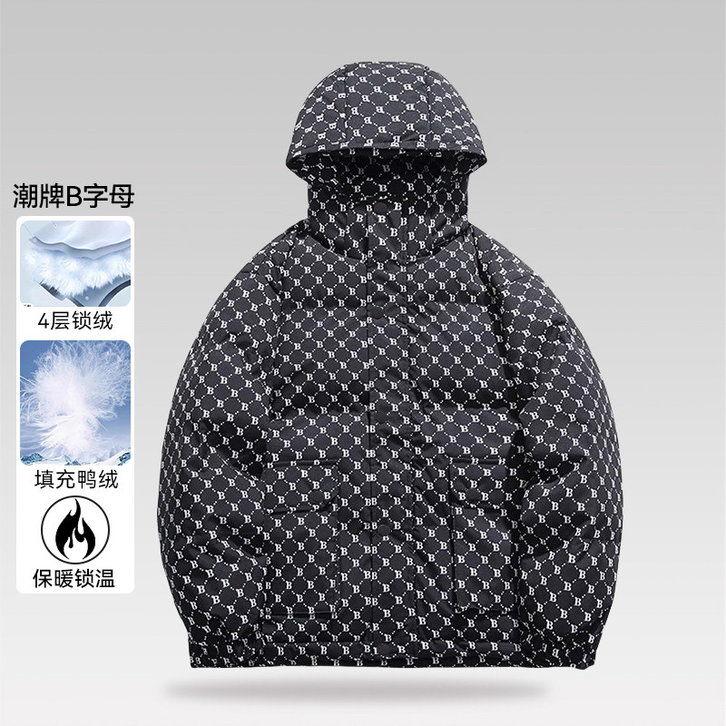 品牌撤柜冬季男士时尚提花B字母加厚时尚宽松短款连帽羽绒服外套