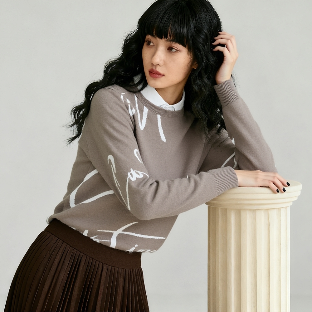 【H家】撤标撤柜2025春秋女满身花纹套头假两件衬衫领双领针织衫