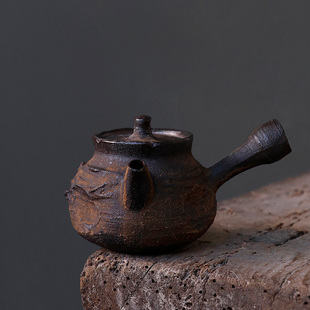 日式孤品纯手工柴烧南蛮烧侧把急须壶裸烧赤贫粗陶单个小茶壶茶具