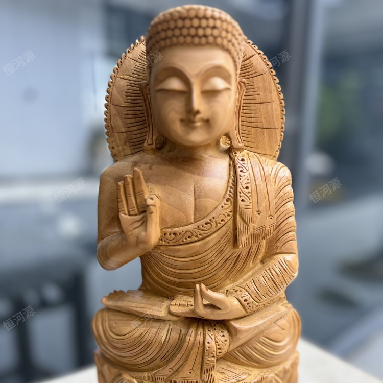 印度黄杨木整木纯手工雕刻摆件释迦摩尼佛像神像