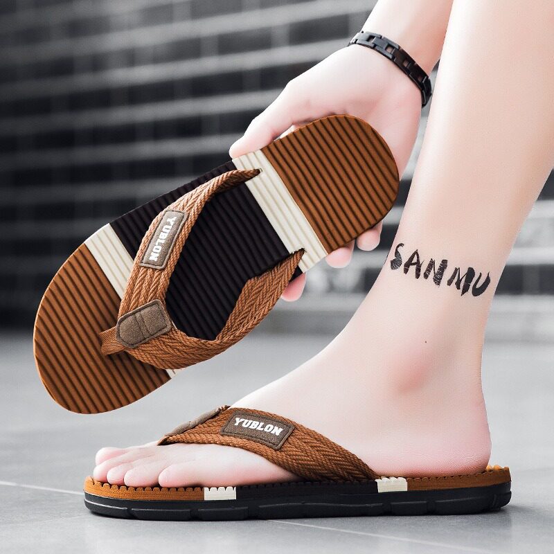 外贸原单室外穿沙滩休闲透气软底减震防滑耐磨潮流布带人字拖鞋男