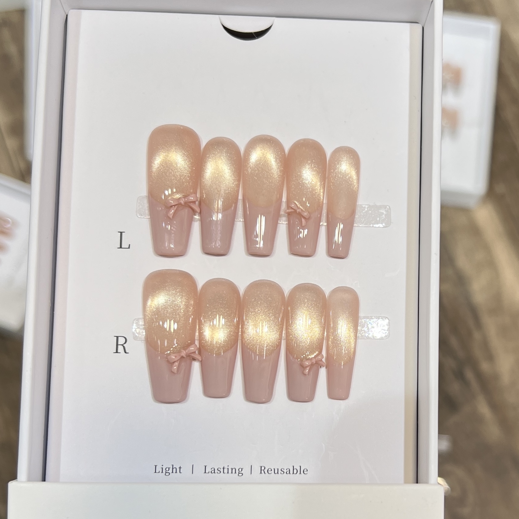 手工穿戴甲小清新裸色金光猫眼