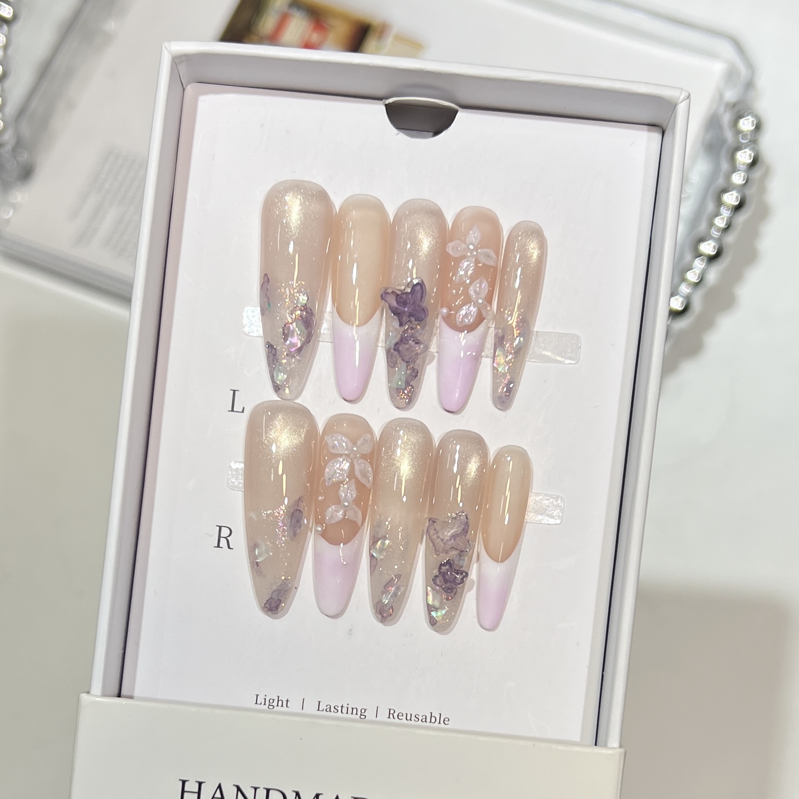 高级蝴蝶结穿戴甲长款法式手工