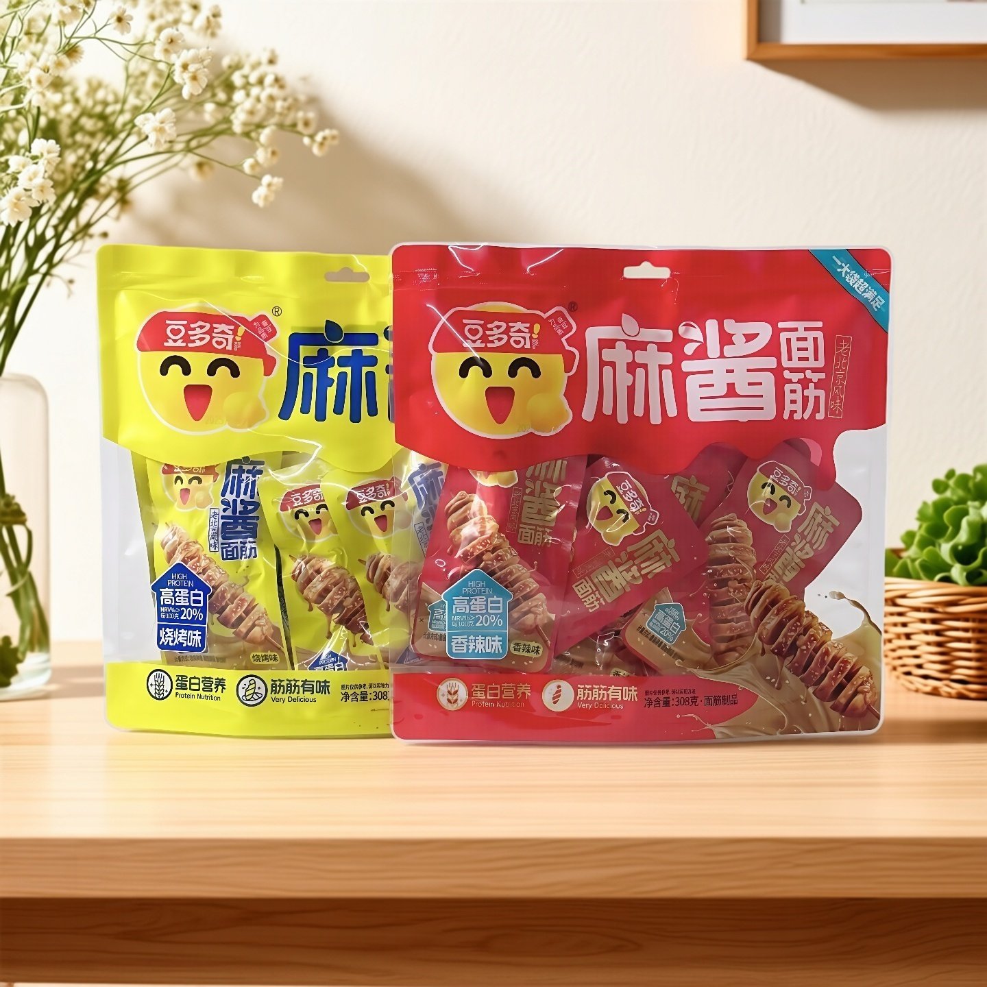 豆多奇麻酱面筋308g*2袋香辣烧烤味高蛋白豆干素肉即食休闲零食品