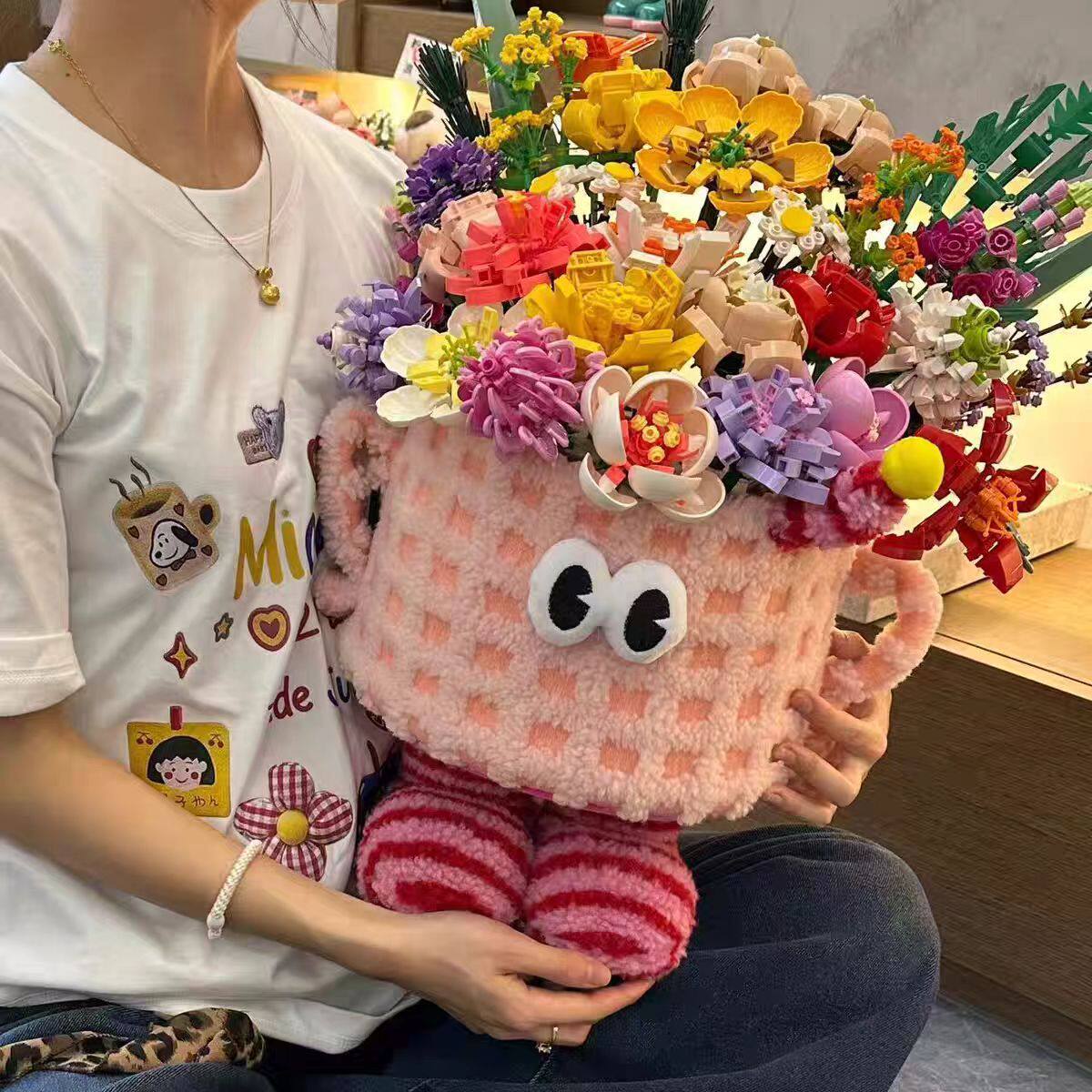 大眼仔积木花束拼装手工diy情人节七夕礼物生日永生花兼容乐高