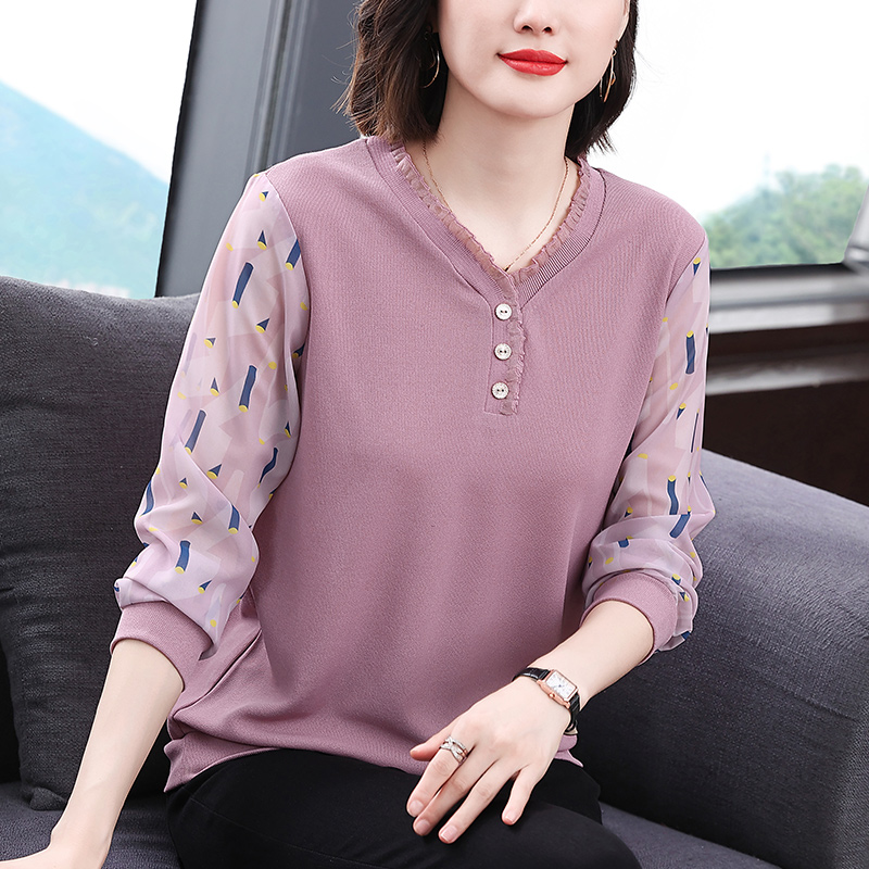 2025秋装新款中年妈妈雪纺袖纯棉打底衫女长袖T恤中老年人上衣服