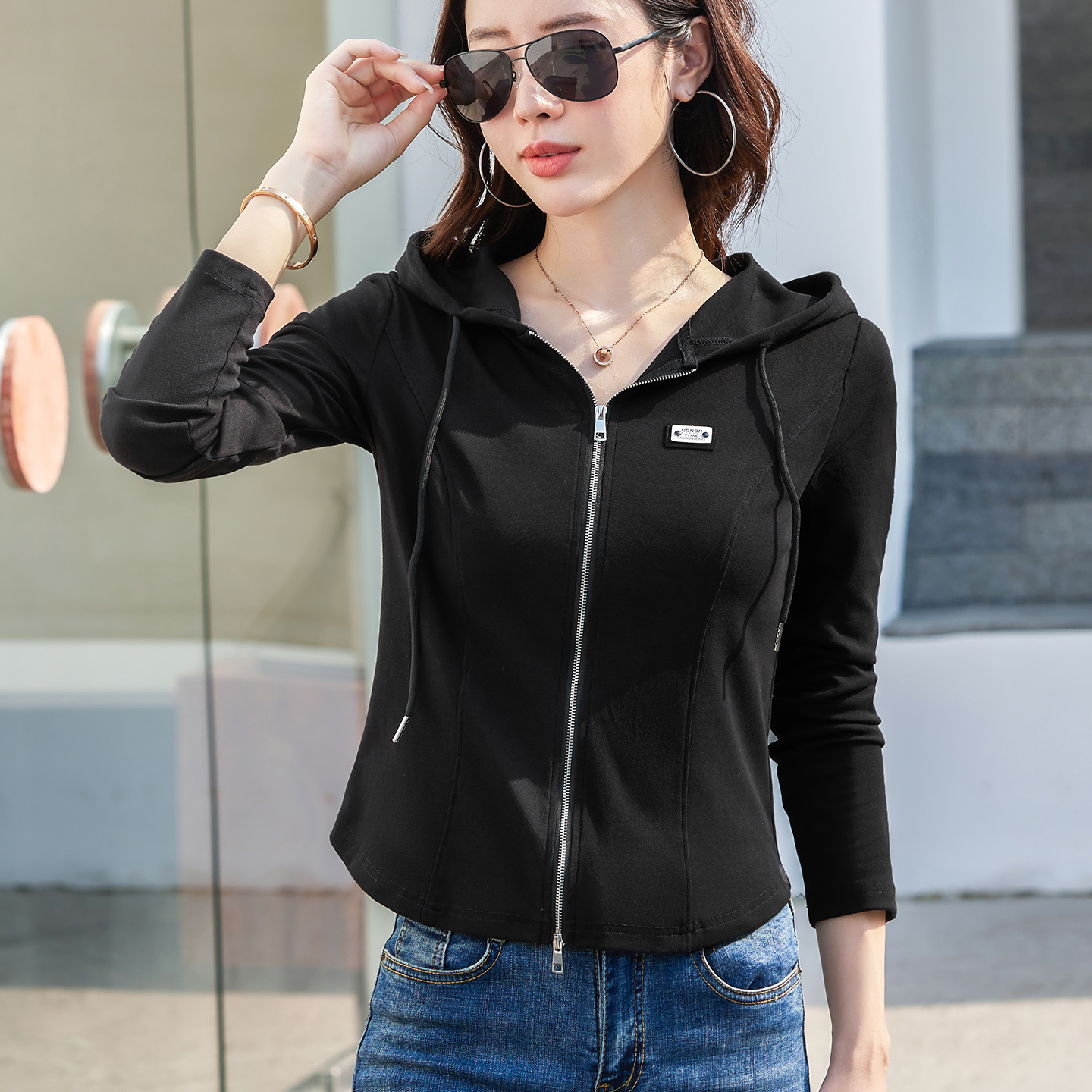 双拉链连帽打底衫女长袖t恤卫衣