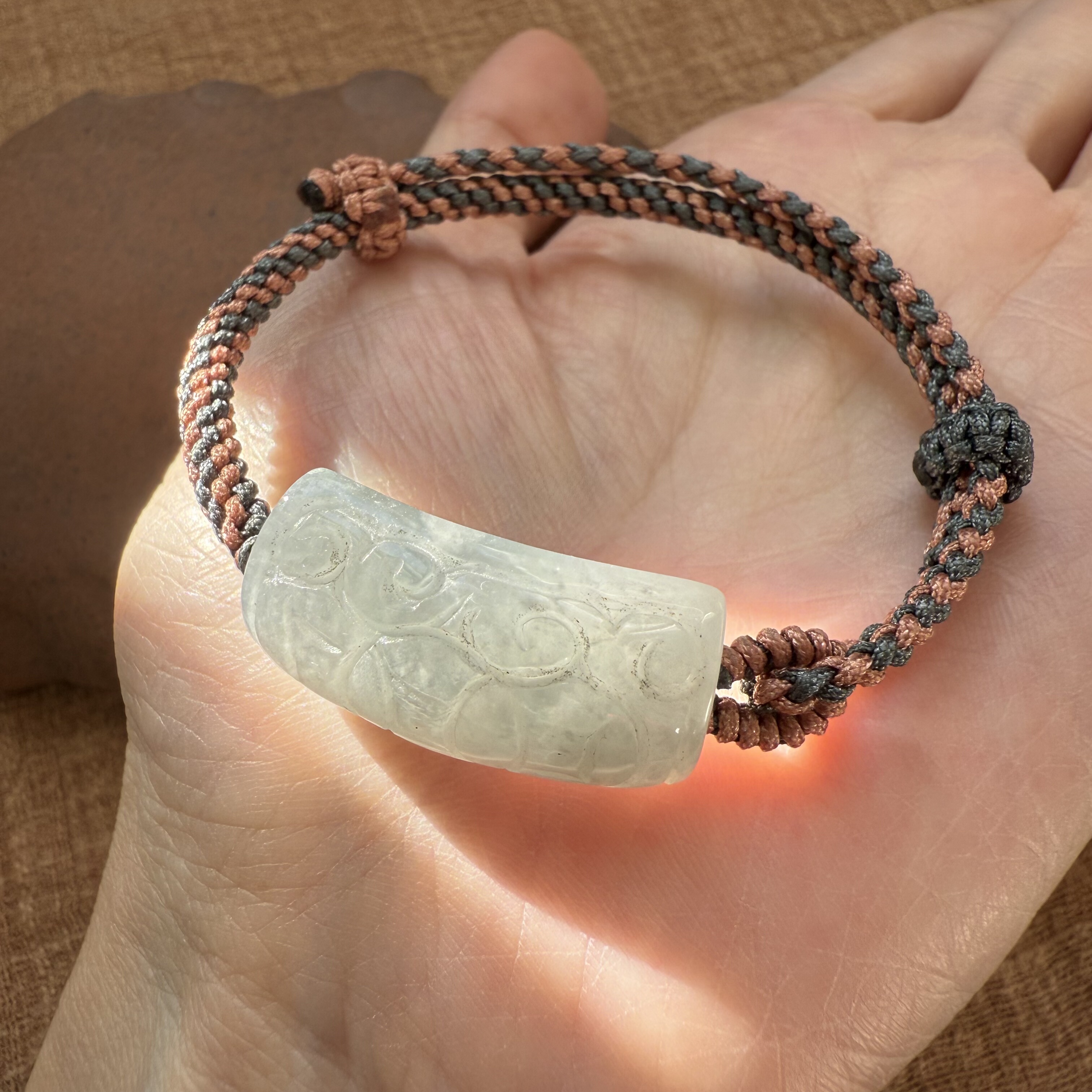 吉祥纹钱币财源滚滚通孔手牌 原创手绳天然翡翠A货手绳编织手链