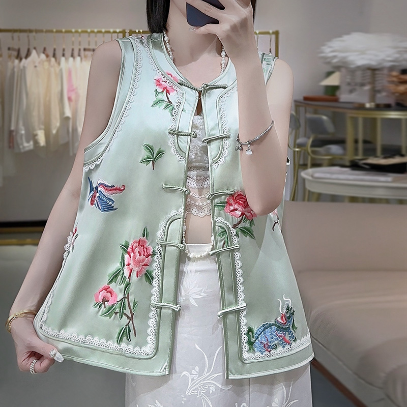 美伦2025新款重工刺绣马甲背心女醋酸国风盘扣无袖坎肩上衣外套潮