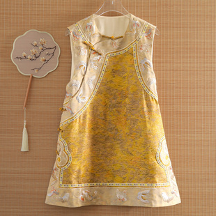 金蝶戏露 桑蚕丝麻提花刺绣马甲2025新中式国风显贵遮肉改良旗袍