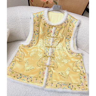 美伦奢雅国风新中式醋酸刺绣水貂毛夹棉马甲女重工刺绣冬内搭外穿