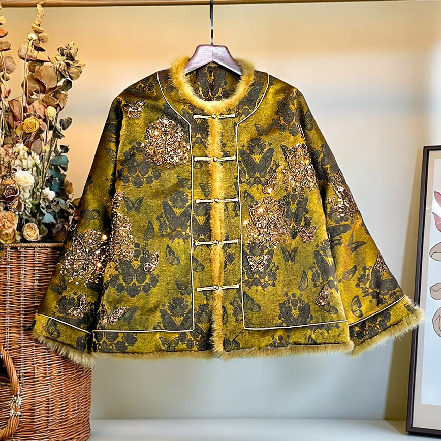 美伦蝶影鎏金新中式桑蚕丝提花钉珠夹棉服上衣女冬2026高货国风