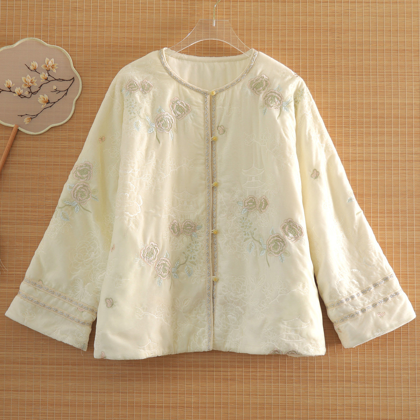 新中式夹棉服外套女丝绒刺绣上衣
