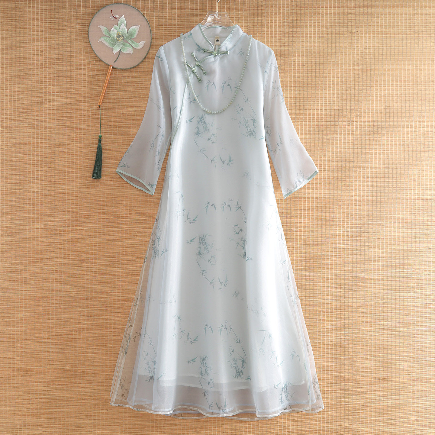 青竹墨韵|美伦新中式如意纱水墨竹叶A字连衣裙茶服国风改良旗袍女