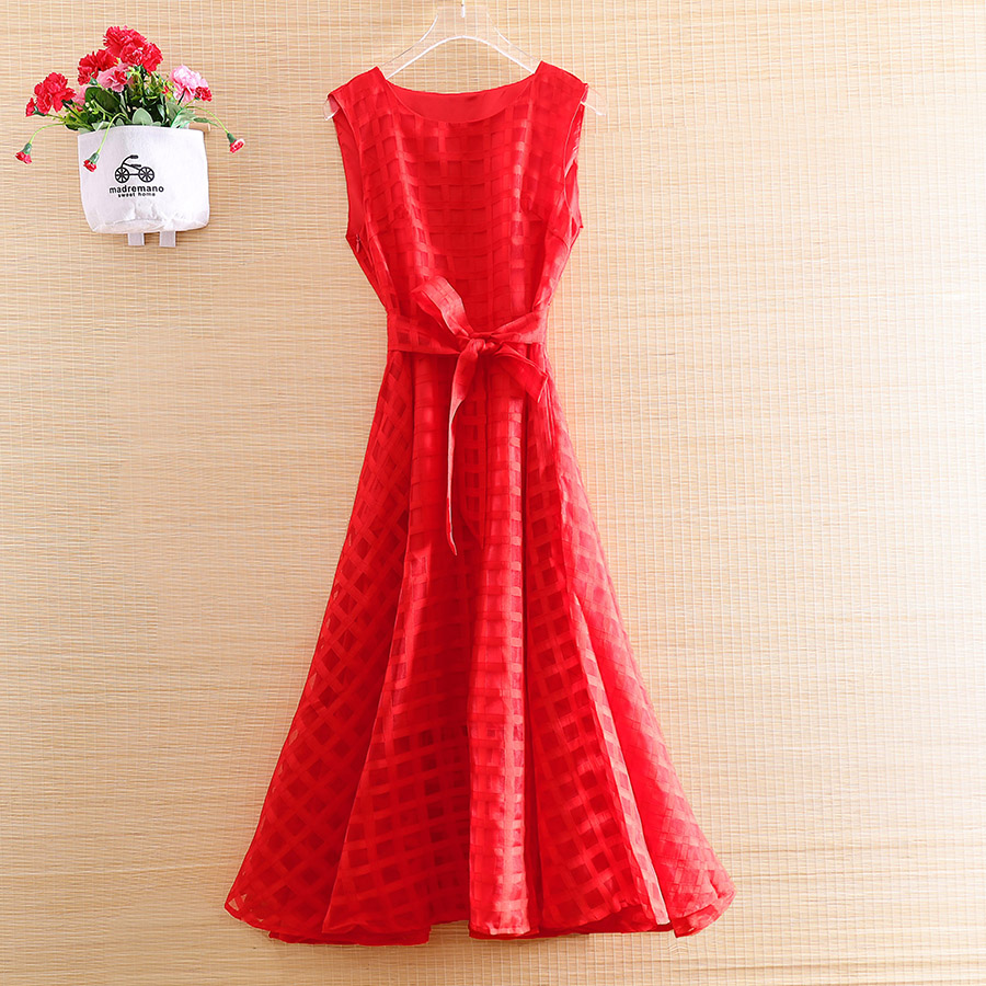 优雅无袖格子修身气质大摆连衣裙