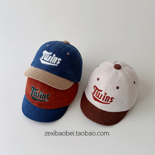 宝宝帽子秋冬款鸭舌帽男女宝字母百搭儿童棒球帽冬季灯芯绒保暖潮