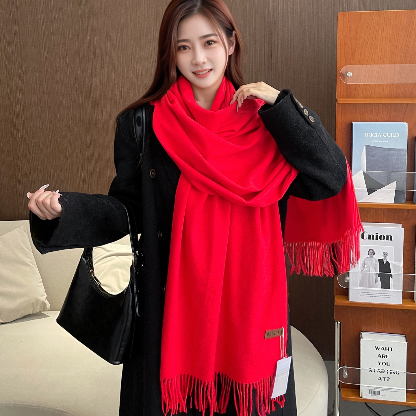 大红色围巾加厚仿羊绒定制LOGO