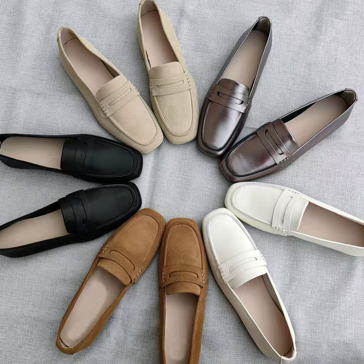 外贸牛反毛皮绒乐福鞋方头平底