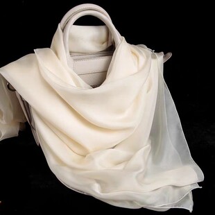 本白色真丝丝巾女夏季百搭春秋长款纯色桑蚕丝围巾薄款纱巾大披肩