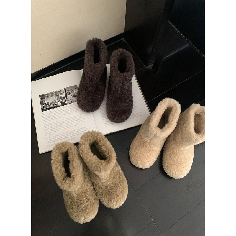 增高4cm~圆头面包鞋保暖毛毛短筒雪地靴女2026冬季款加绒加厚棉鞋