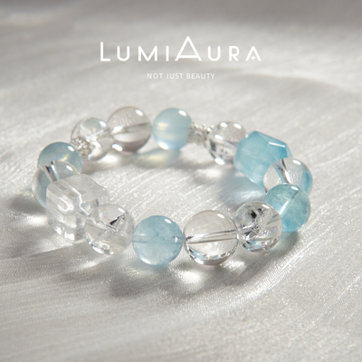 「潮汐之沫」天然海蓝宝白水晶白阿赛手链女水晶手串简约时尚配饰