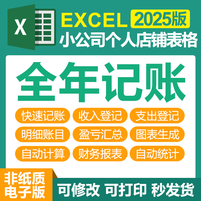 2025小公司店铺财务会计记账excel表格管理全年记账收入支出利润