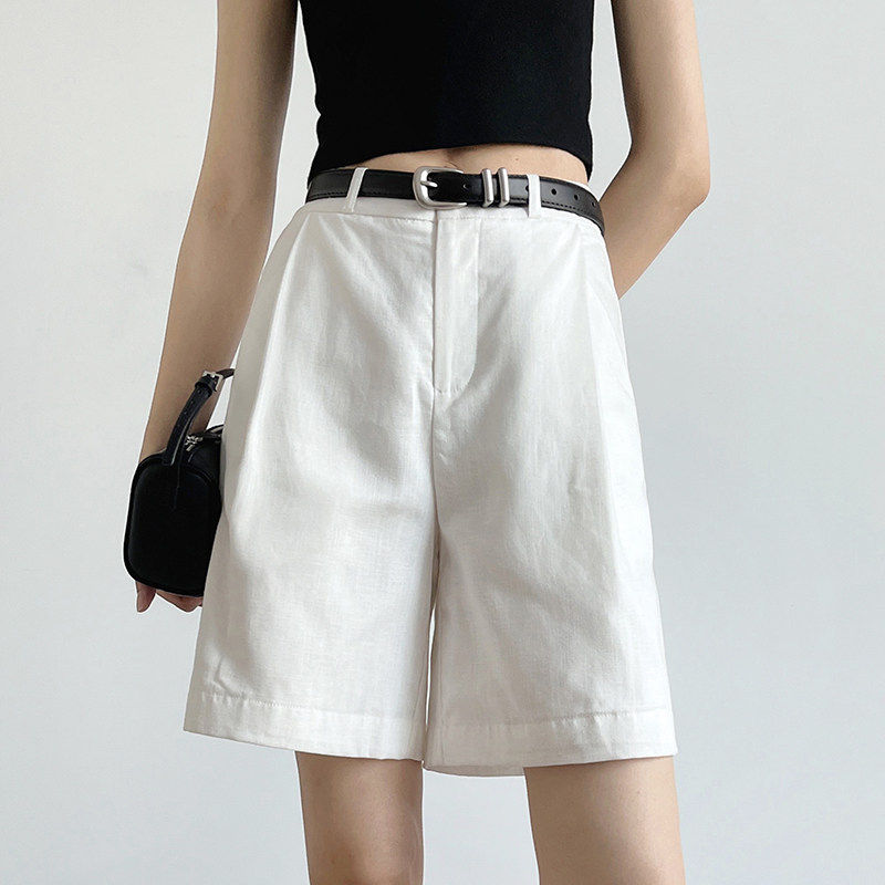 亚麻白色短裤女夏外穿薄款老钱风棉麻五分裤宽松天丝西装a字5五分