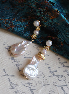 suu 设计款法式文艺复古气质淡水高亮不规则巴洛克珍珠耳环银耳钉