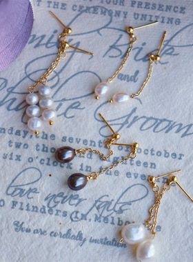 设计新款简约ins风韩版气质天然淡水珍珠复古链条耳钉珍珠耳坠